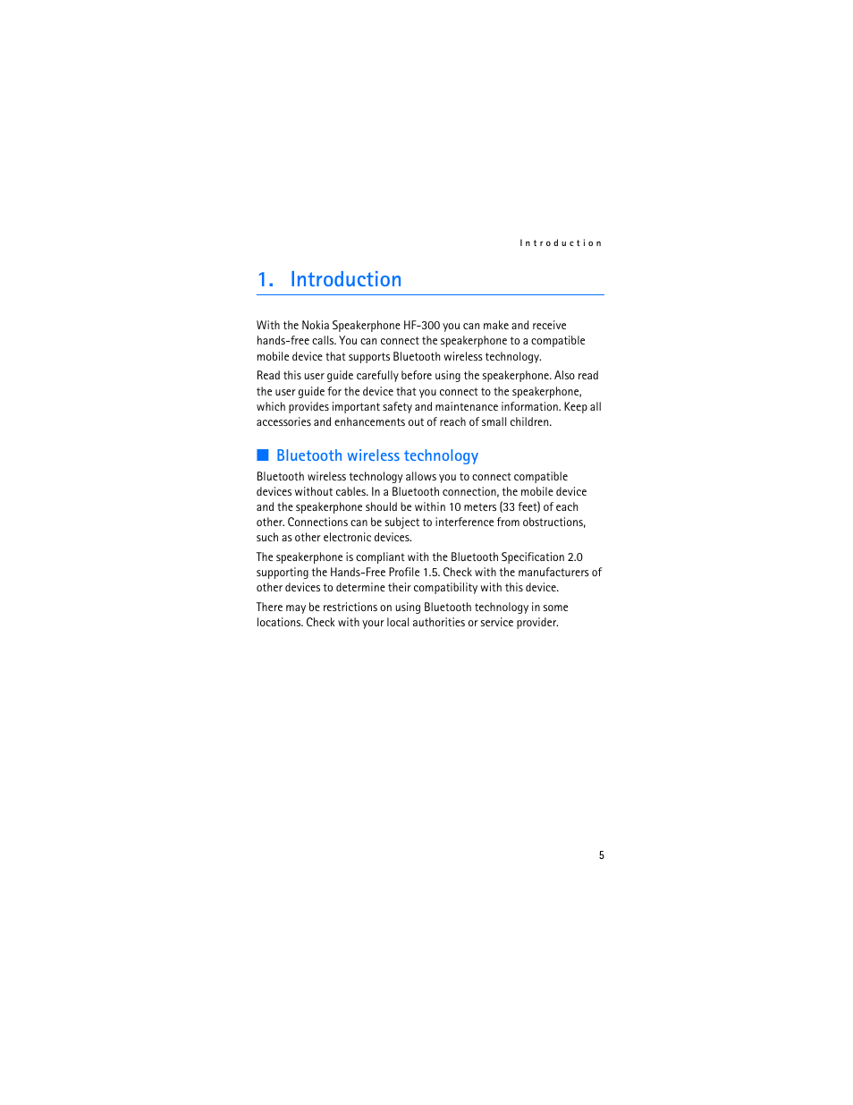 Introduction, Bluetooth wireless technology | Nokia HF-300 User Manual | Page 5 / 17