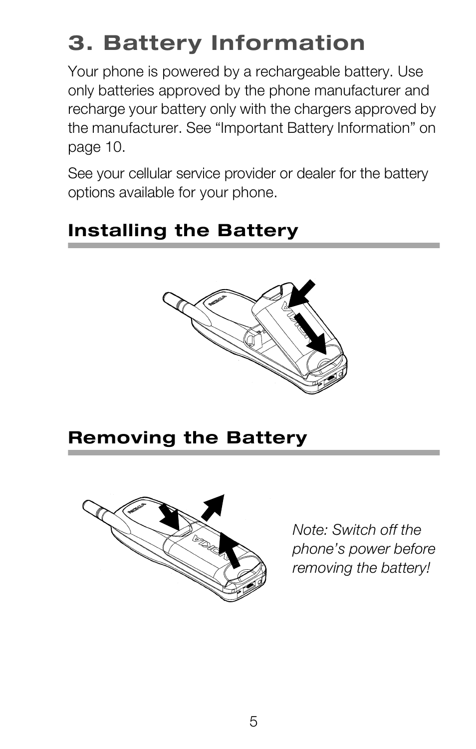 Battery information, Installing the battery, Removing the battery | Nokia 252C User Manual | Page 12 / 103