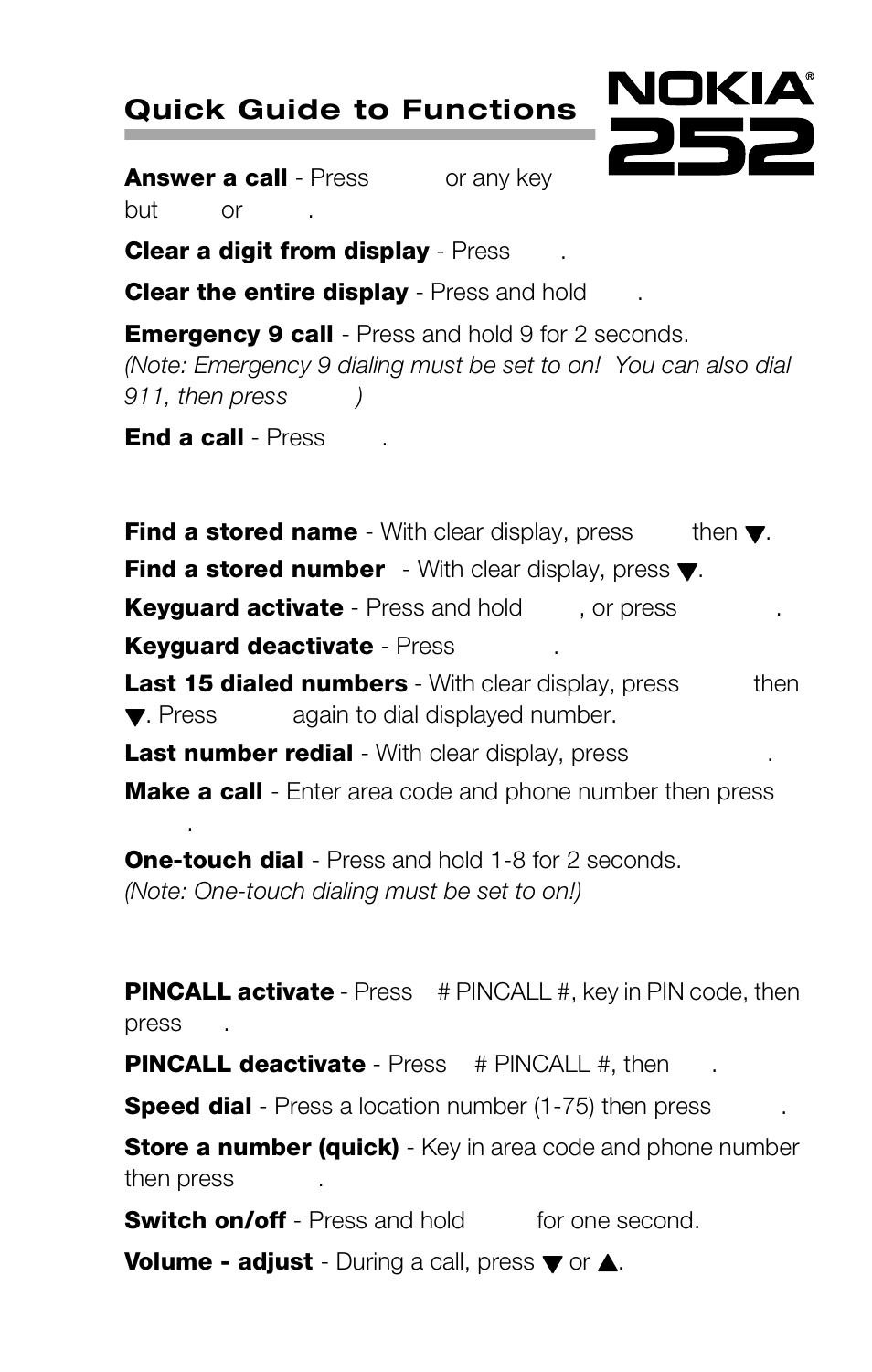 Quick guide to functions | Nokia 252C User Manual | Page 2 / 103