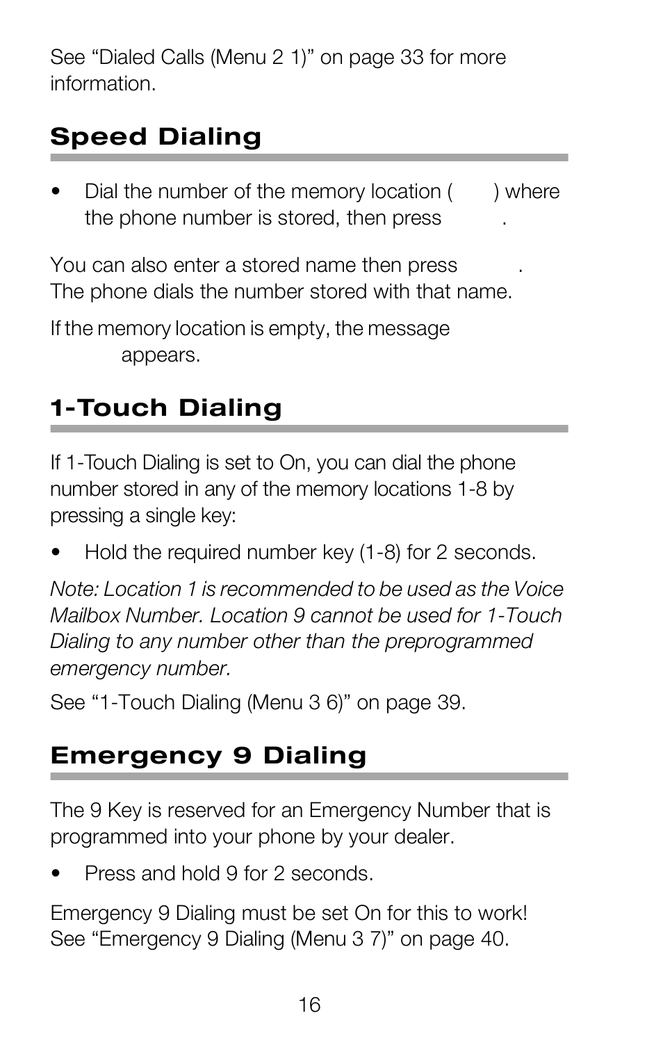 Speed dialing, Touch dialing, Emergency 9 dialing | Nokia 252C User Manual | Page 23 / 103