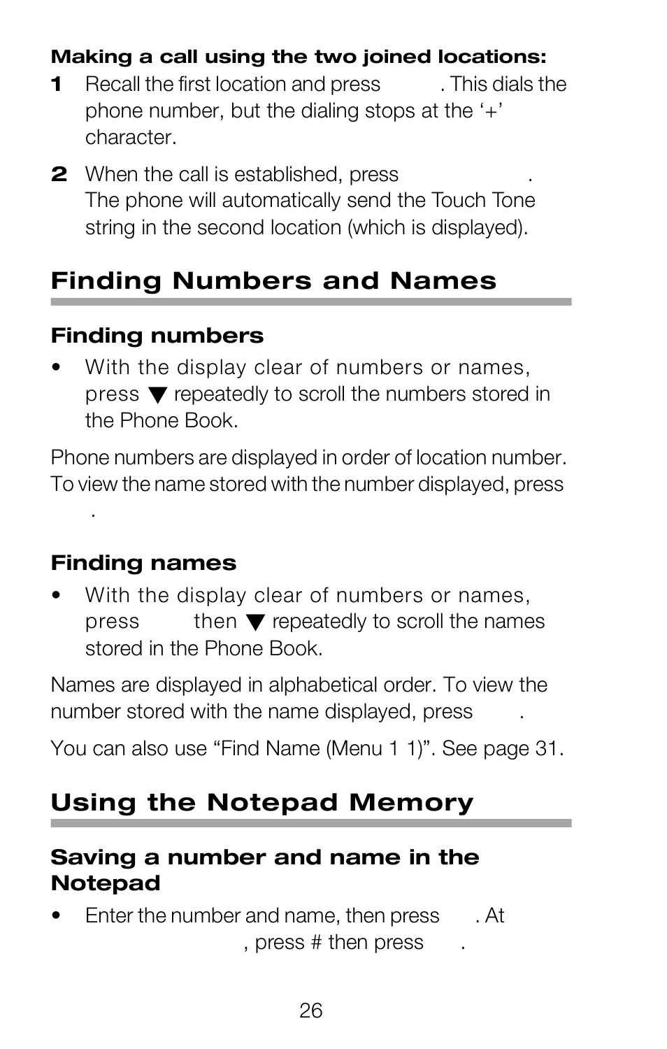 Finding numbers and names, Using the notepad memory, Save in location | Nokia 252C User Manual | Page 33 / 103