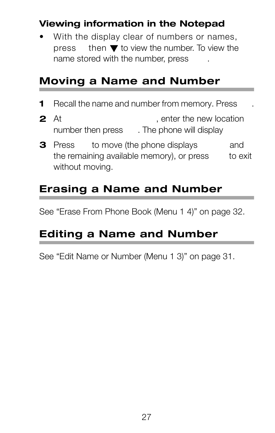 Moving a name and number, Erasing a name and number, Editing a name and number | Nokia 252C User Manual | Page 34 / 103