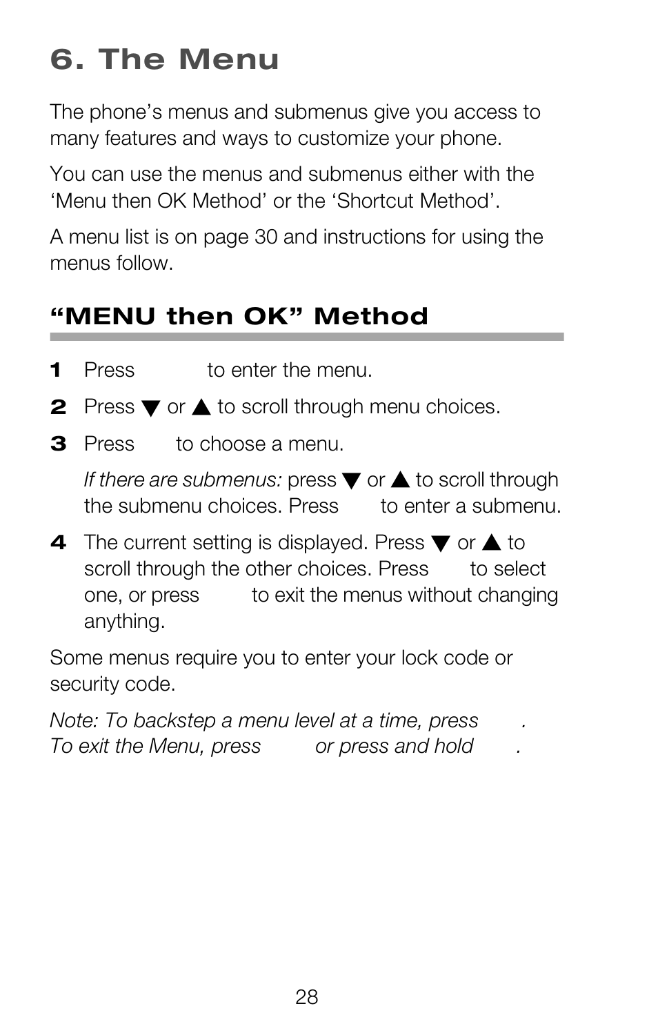 The menu, Menu then ok” method | Nokia 252C User Manual | Page 35 / 103