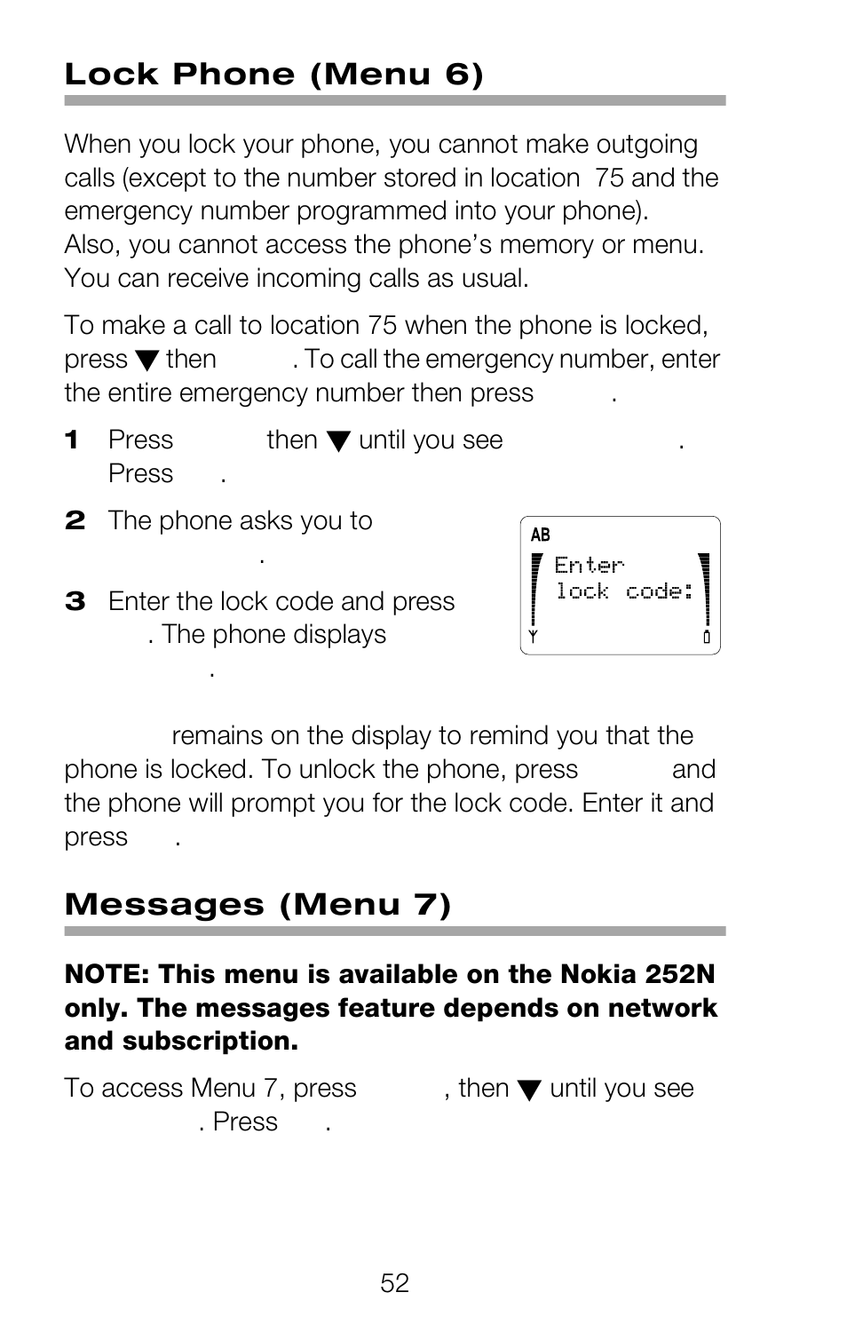 Lock phone (menu 6), Messages (menu 7) | Nokia 252C User Manual | Page 59 / 103