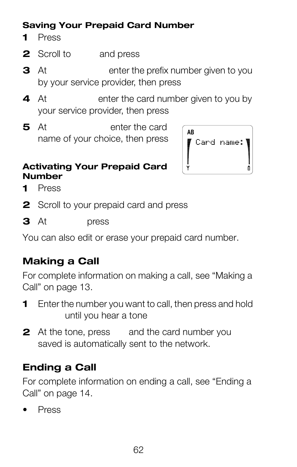 Card, Prefix no, Card no | Card name, Select | Nokia 252C User Manual | Page 69 / 103