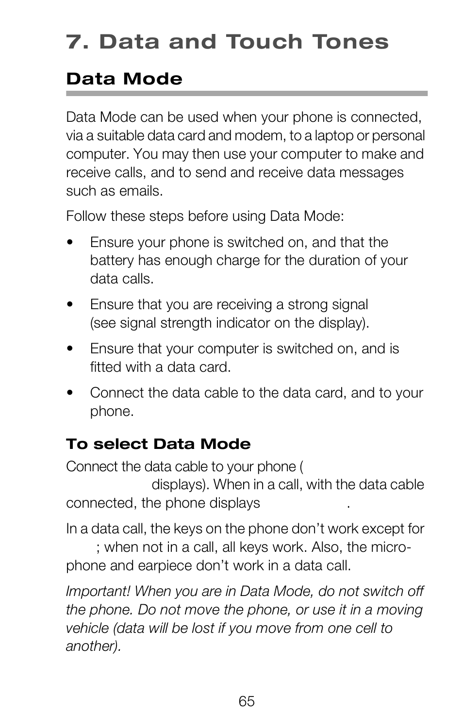 Data and touch tones, Data mode | Nokia 252C User Manual | Page 72 / 103