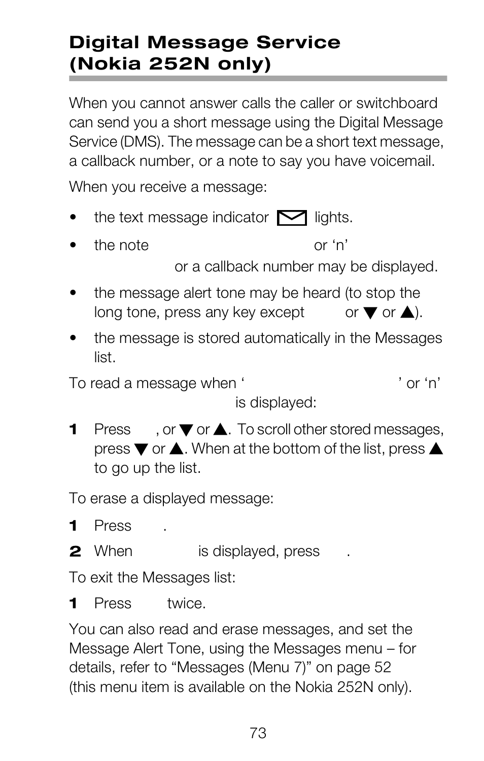 Digital message service (nokia 252n only) | Nokia 252C User Manual | Page 80 / 103