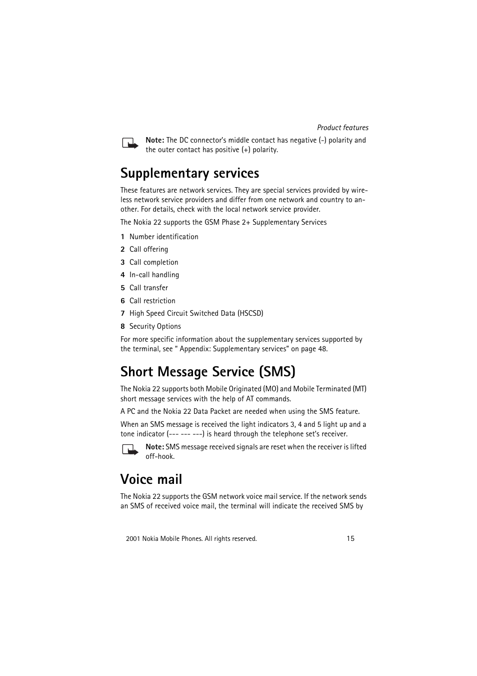Supplementary services, Short message service (sms), Voice mail | Nokia 22 User Manual | Page 15 / 54