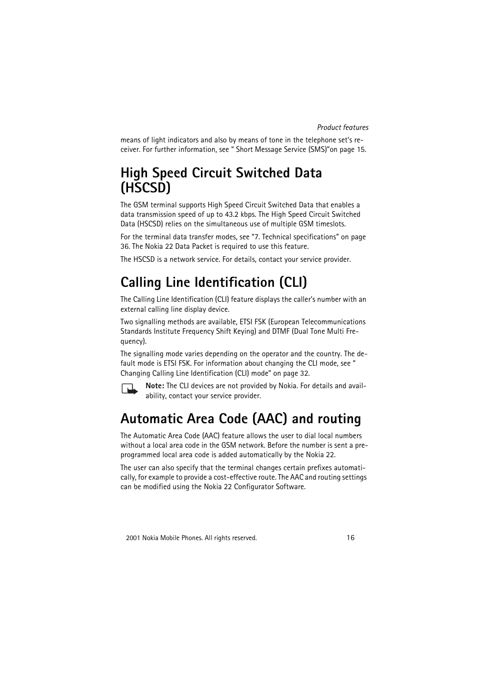 High speed circuit switched data (hscsd), Calling line identification (cli), Automatic area code (aac) and routing | Ion “ automatic area code (aac) and routing” on | Nokia 22 User Manual | Page 16 / 54