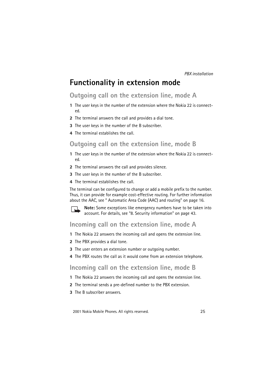 Functionality in extension mode, Ge 25, Outgoing call on the extension line, mode a | Outgoing call on the extension line, mode b, Incoming call on the extension line, mode a, Incoming call on the extension line, mode b | Nokia 22 User Manual | Page 25 / 54