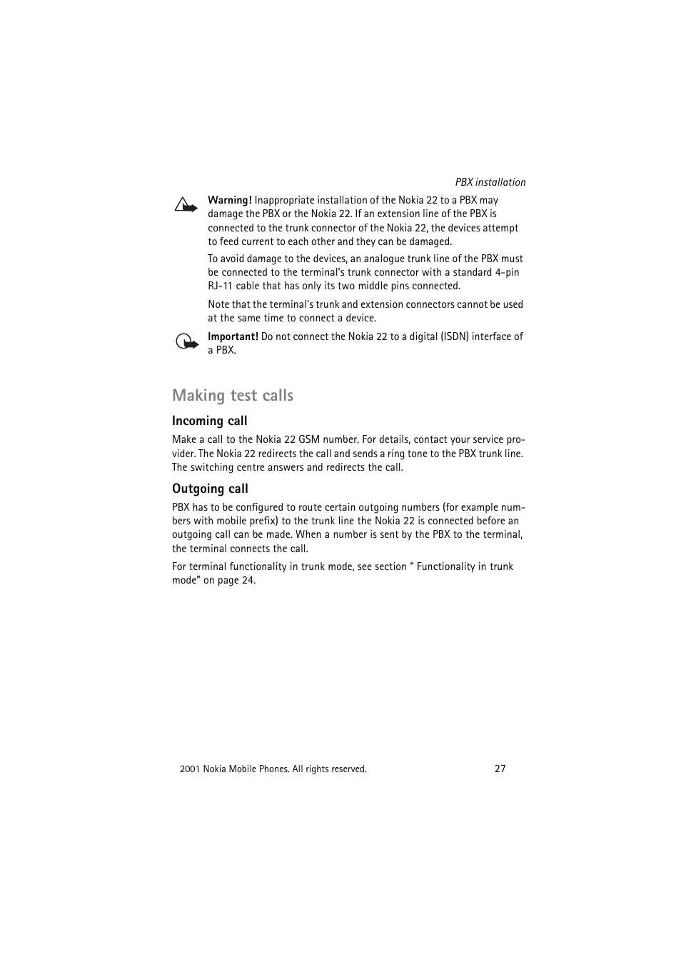 Making test calls | Nokia 22 User Manual | Page 27 / 54