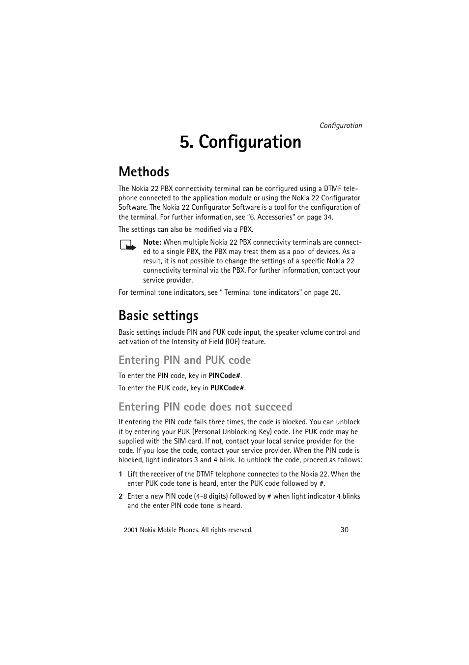 Configuration, Methods, Basic settings | Configuration” on, Entering pin and puk code, Entering pin code does not succeed | Nokia 22 User Manual | Page 30 / 54