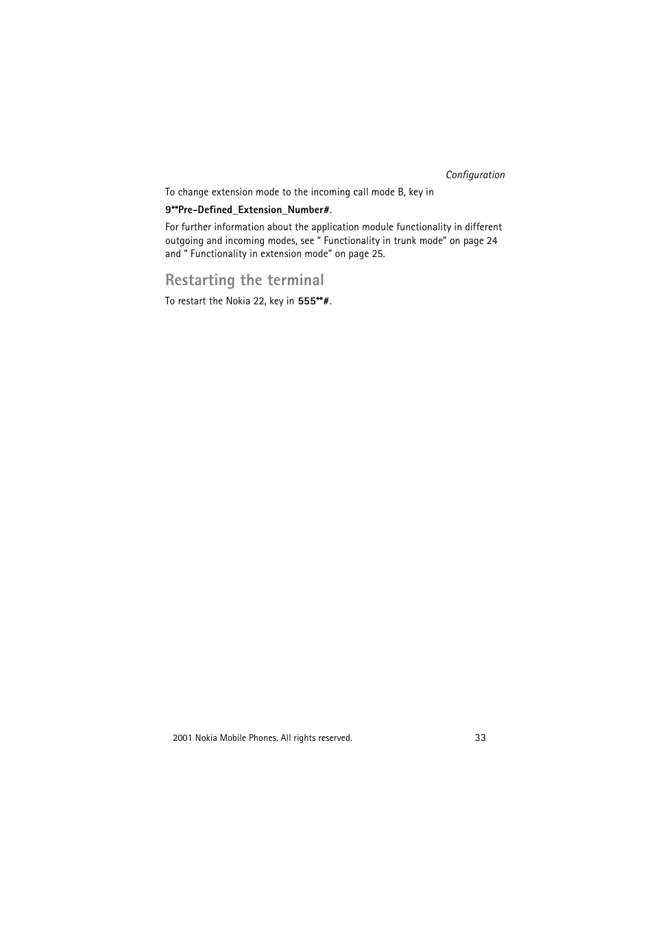 Restarting the terminal | Nokia 22 User Manual | Page 33 / 54