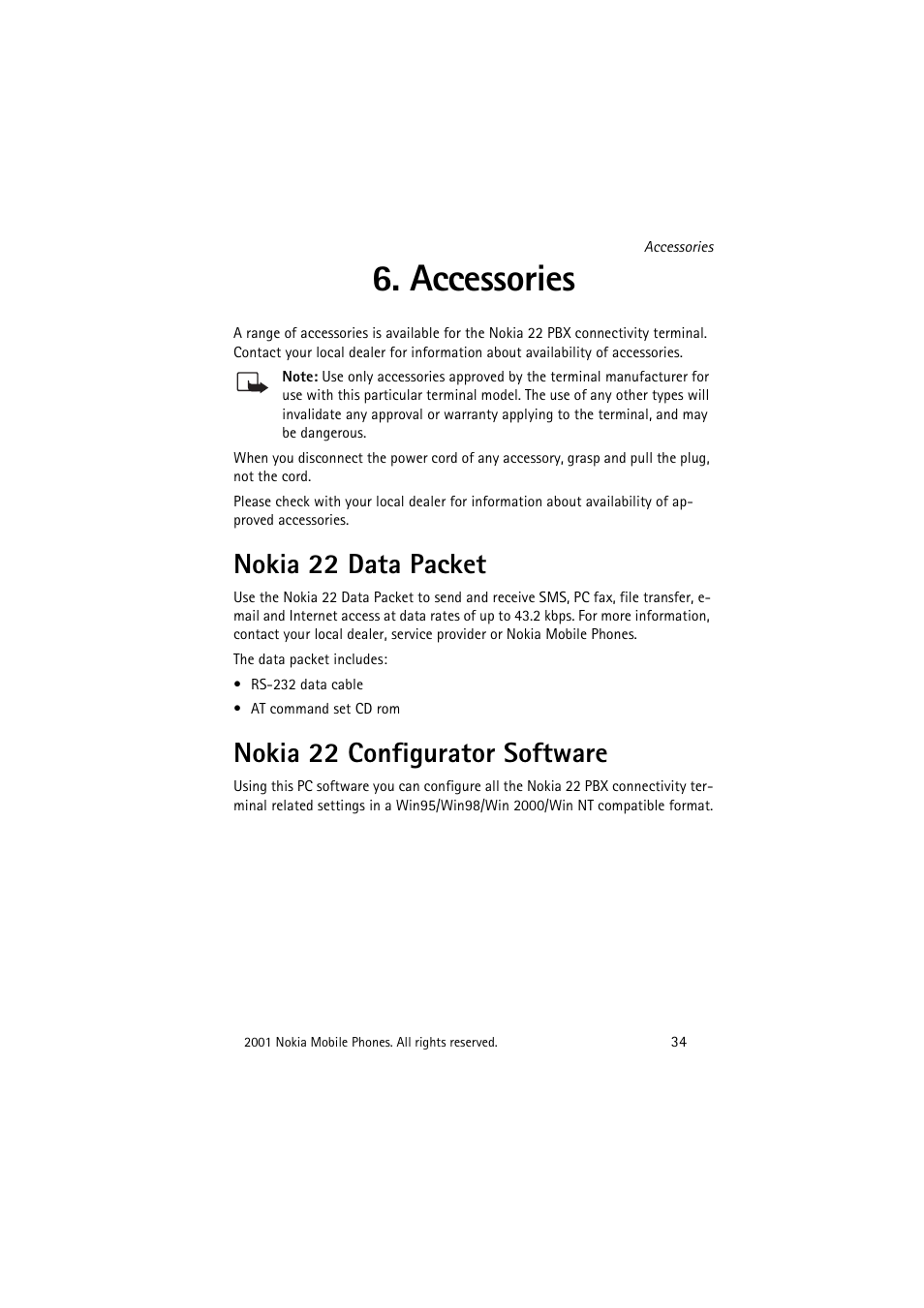 Accessories, Nokia 22 data packet, Nokia 22 configurator software | Ge 34, See “6. accessories, Accessories” on pa | Nokia 22 User Manual | Page 34 / 54