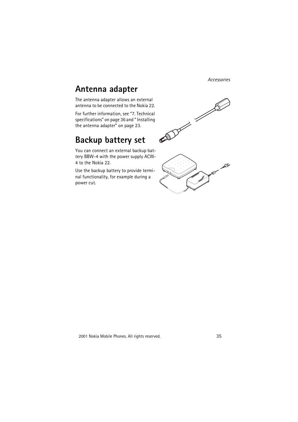 Antenna adapter, Backup battery set | Nokia 22 User Manual | Page 35 / 54