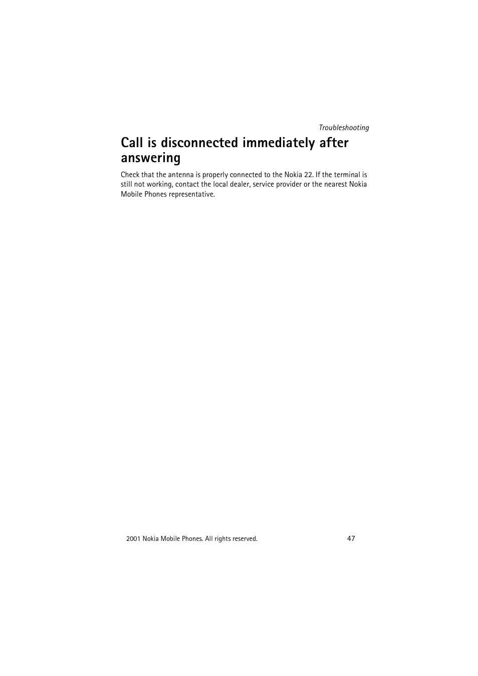 Call is disconnected immediately after answering | Nokia 22 User Manual | Page 47 / 54