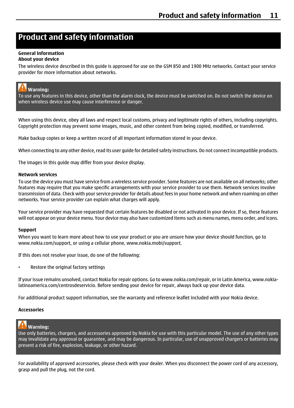 Product and safety information, General information, About your device | Network services, Support, Accessories, Product and safety information 11 | Nokia 1616 EN User Manual | Page 11 / 17