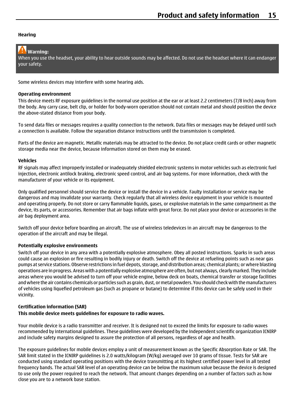 Hearing, Operating environment, Vehicles | Potentially explosive environments, Certification information (sar), Product and safety information 15 | Nokia 1616 EN User Manual | Page 15 / 17