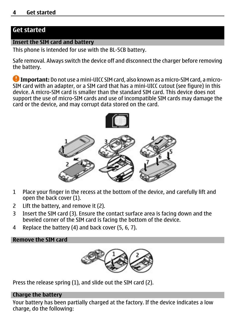 Get started, Insert the sim card and battery, Remove the sim card | Charge the battery | Nokia 1616 EN User Manual | Page 4 / 17