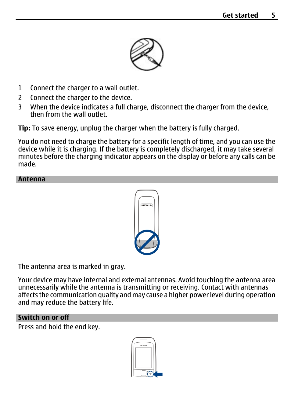 Antenna, Switch on or off | Nokia 1616 EN User Manual | Page 5 / 17