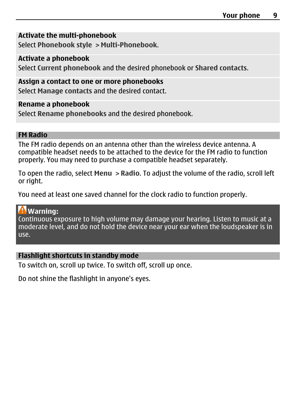 Fm radio, Flashlight shortcuts in standby mode, Flashlight shortcuts in standby mode 9 | Nokia 1616 EN User Manual | Page 9 / 17