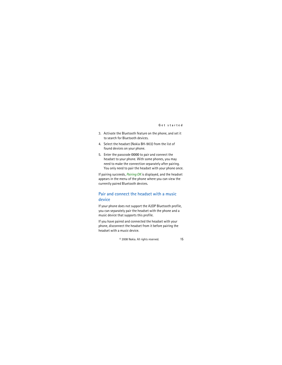 Pair and connect the headset with a music device | Nokia BH-903 User Manual | Page 15 / 38