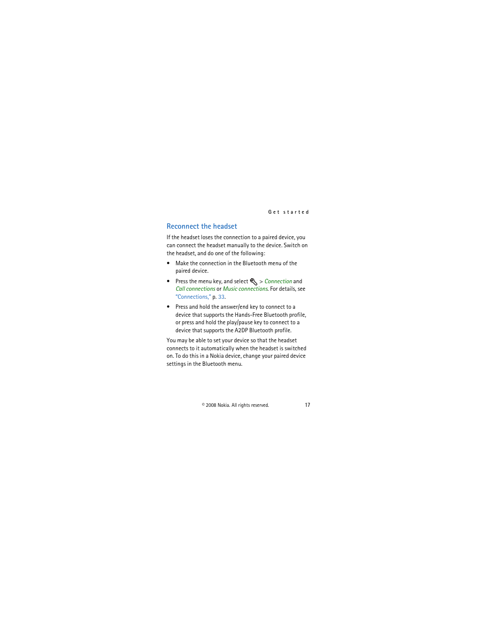 Reconnect the headset | Nokia BH-903 User Manual | Page 17 / 38