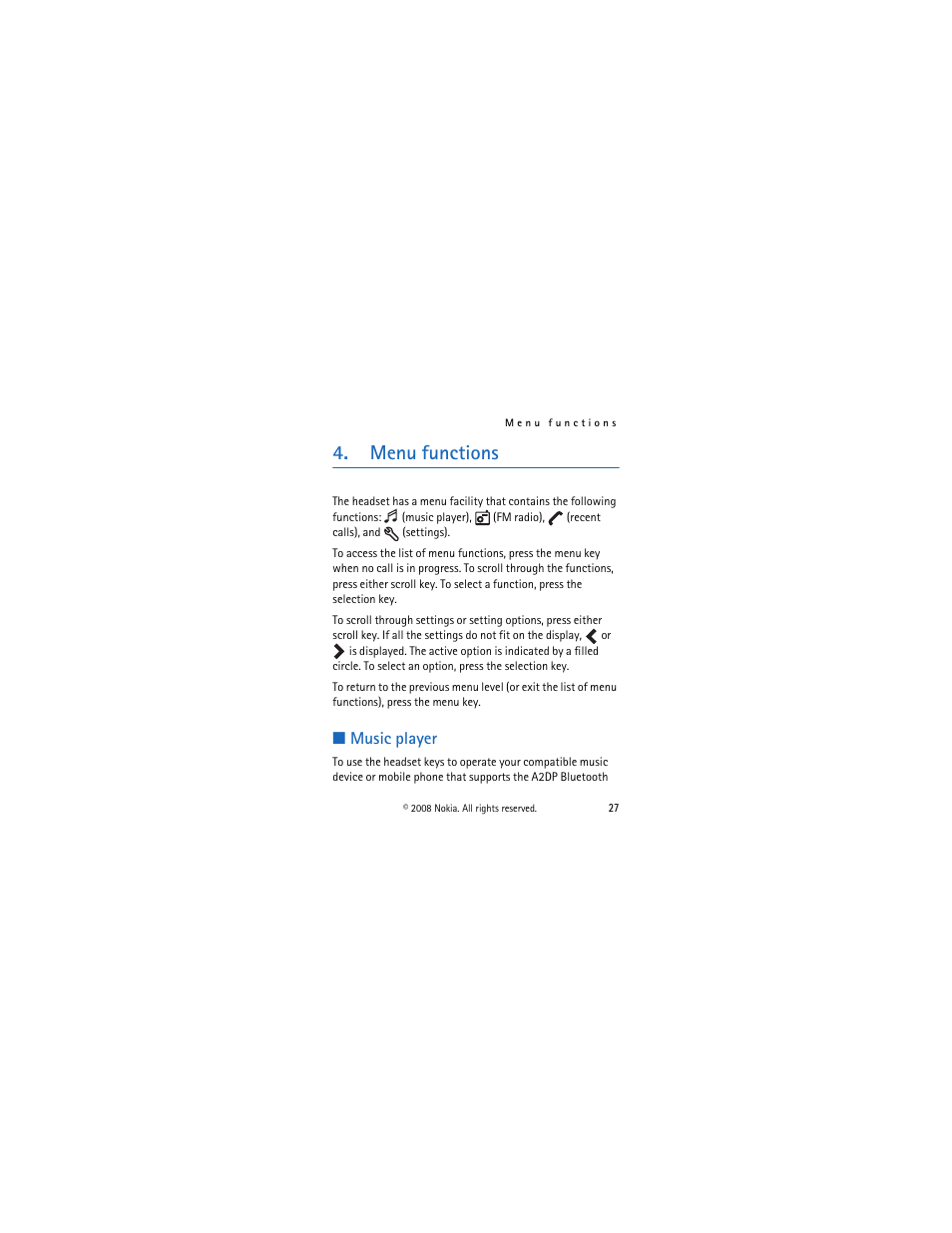 Menu functions, Music player | Nokia BH-903 User Manual | Page 27 / 38