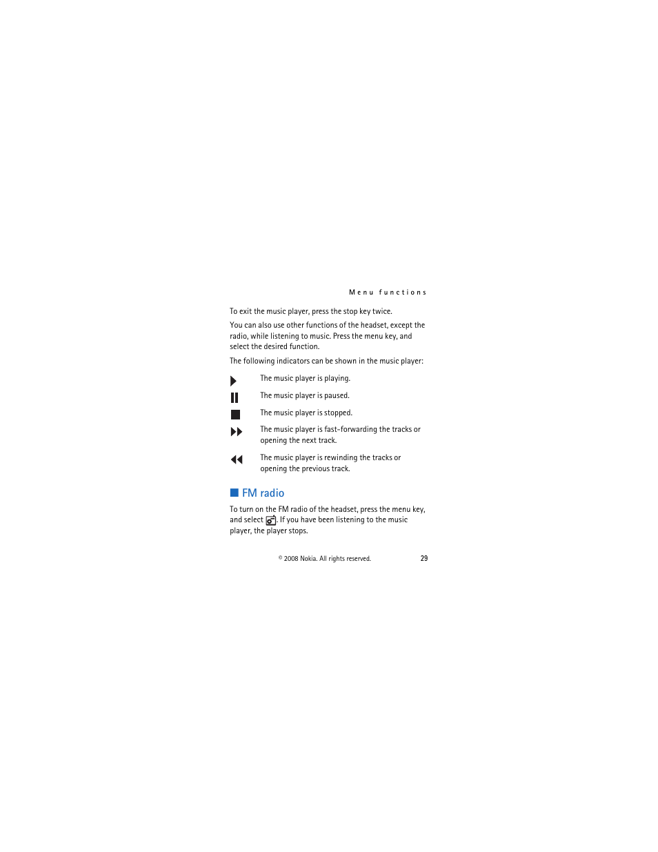 Fm radio | Nokia BH-903 User Manual | Page 29 / 38