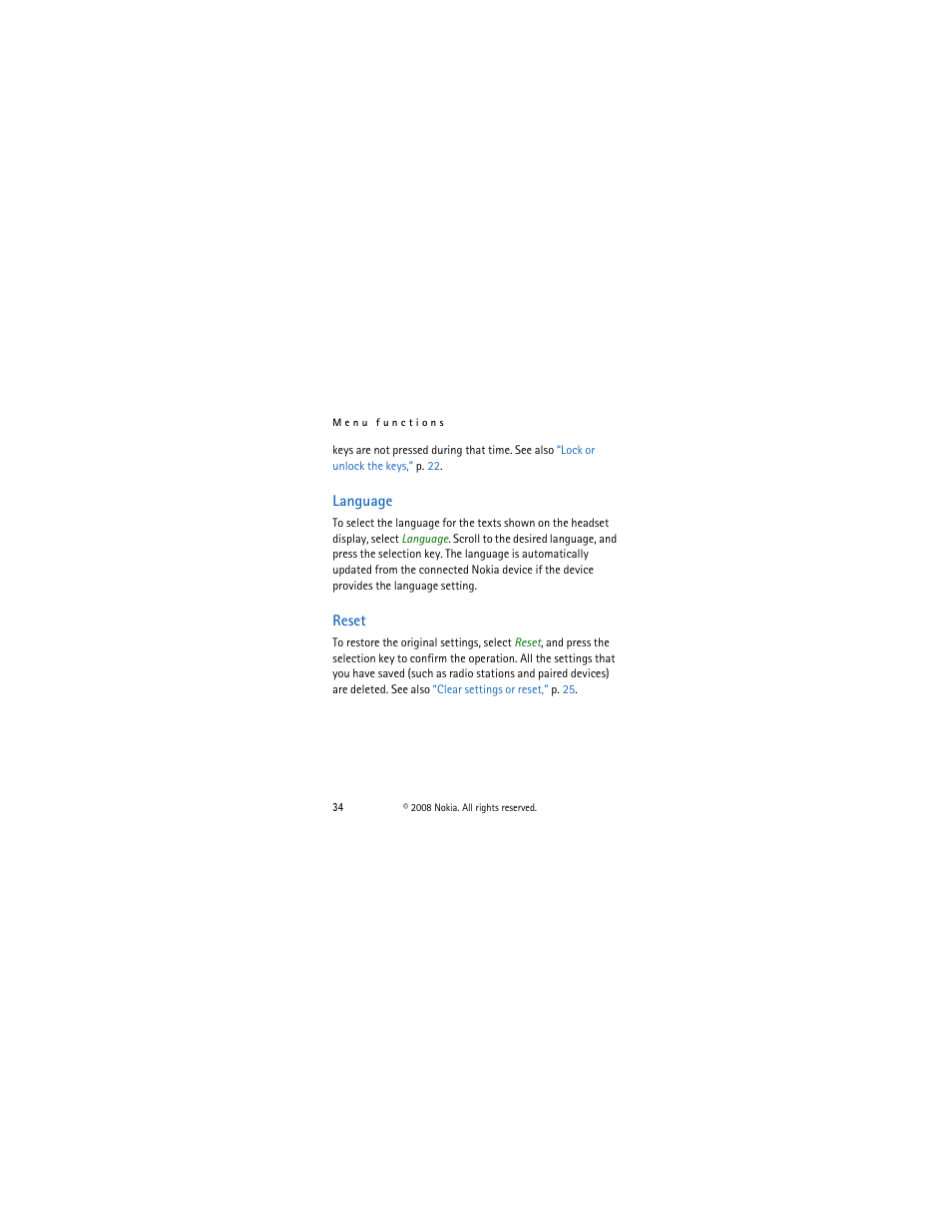 Language, Reset, Language reset | Nokia BH-903 User Manual | Page 34 / 38