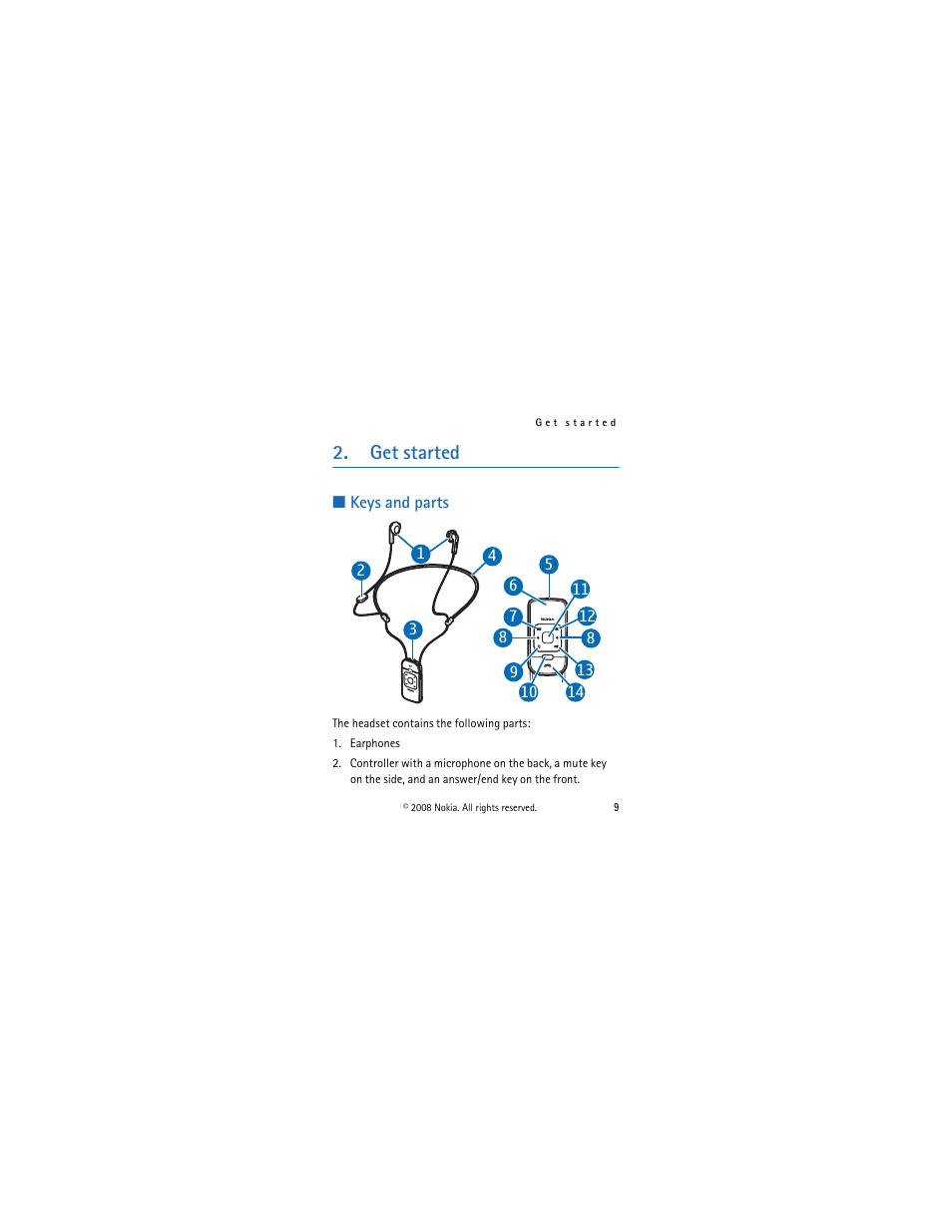 Get started, Keys and parts | Nokia BH-903 User Manual | Page 9 / 38