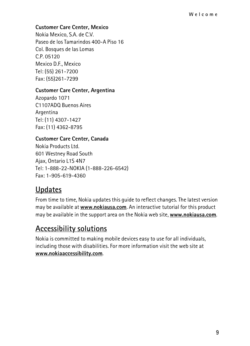 Updates, Accessibility solutions | Nokia 2116i User Manual | Page 10 / 201
