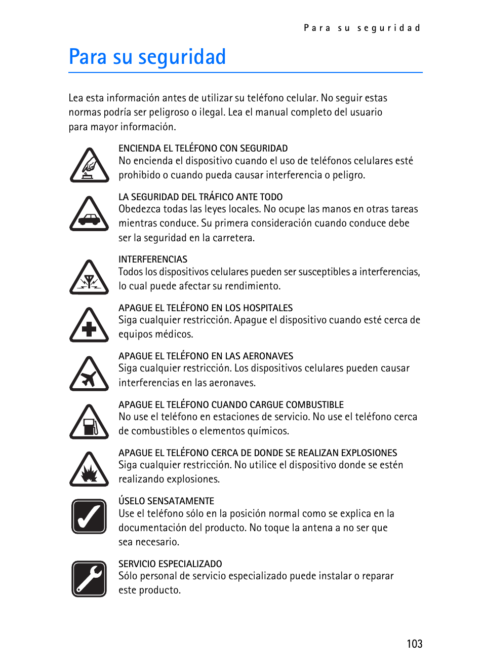 Para su seguridad | Nokia 2116i User Manual | Page 104 / 201