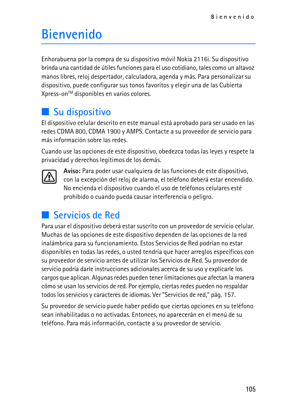 Bienvenido, Su dispositivo, Servicios de red | Nokia 2116i User Manual | Page 106 / 201