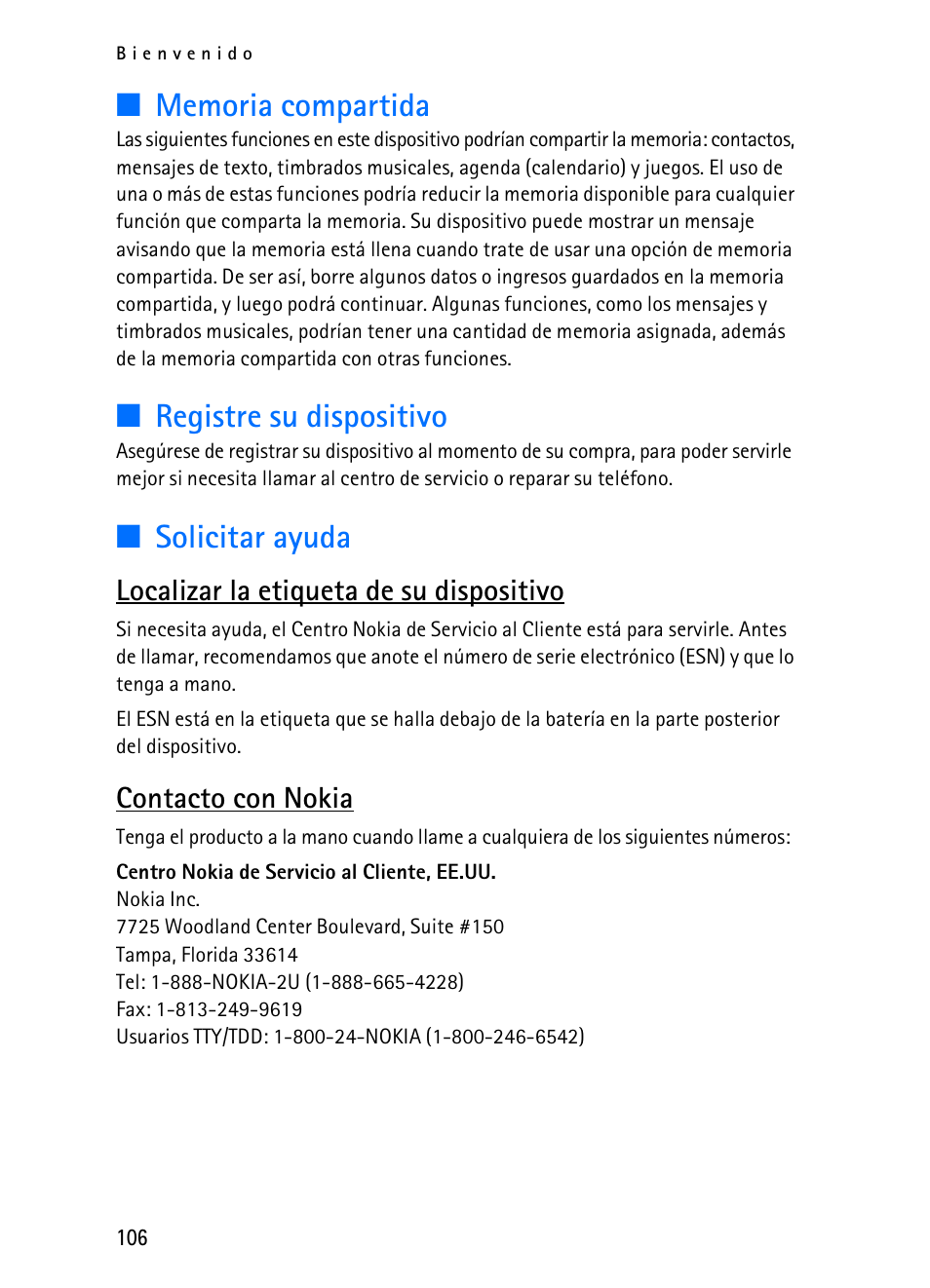 Registre su dispositivo, Solicitar ayuda, Localizar la etiqueta de su dispositivo | Contacto con nokia | Nokia 2116i User Manual | Page 107 / 201