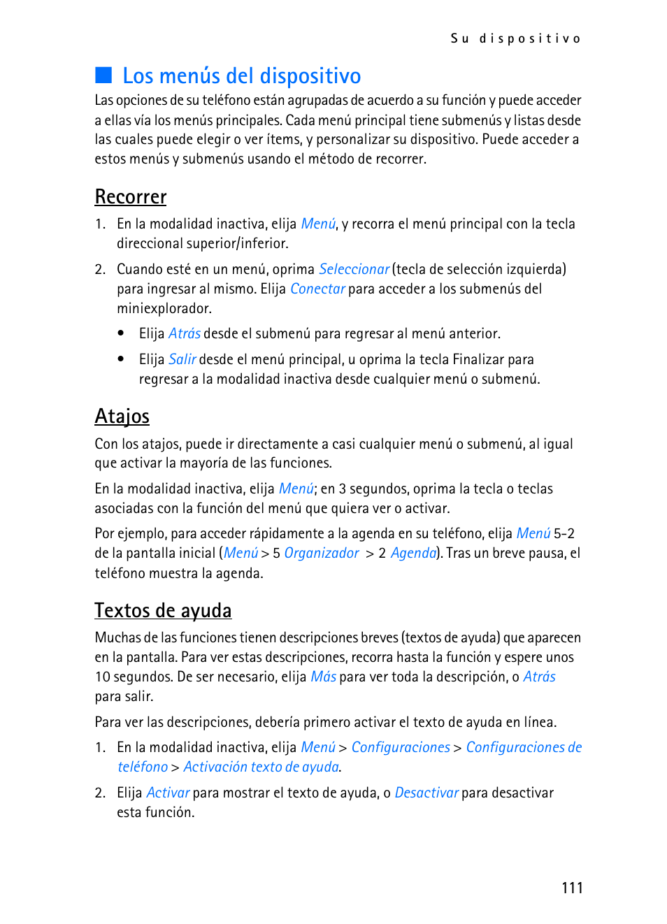 Los menús del dispositivo, Recorrer, Atajos | Textos de ayuda | Nokia 2116i User Manual | Page 112 / 201