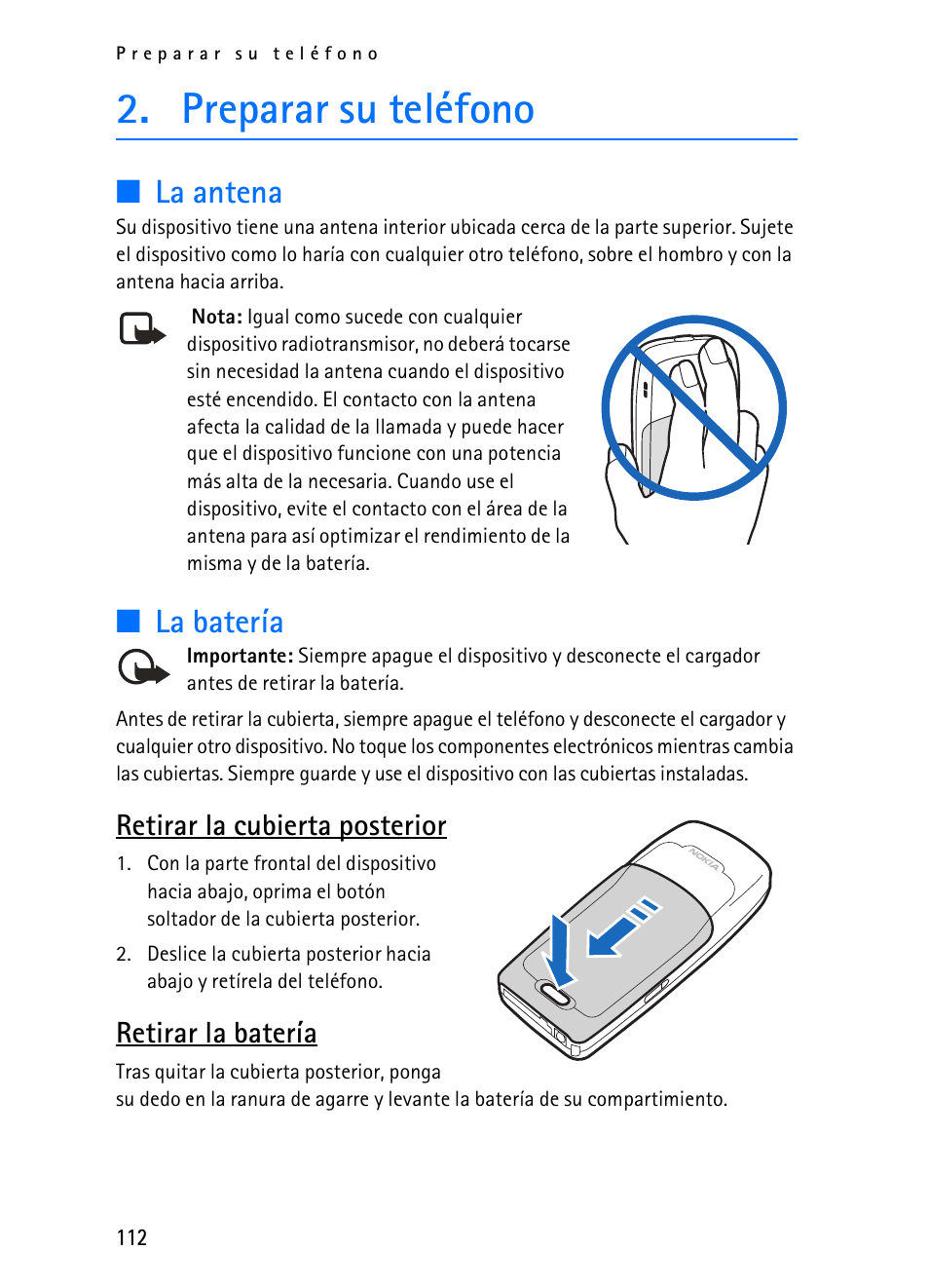 Preparar su teléfono, La antena, La batería | Retirar la cubierta posterior, Retirar la batería | Nokia 2116i User Manual | Page 113 / 201