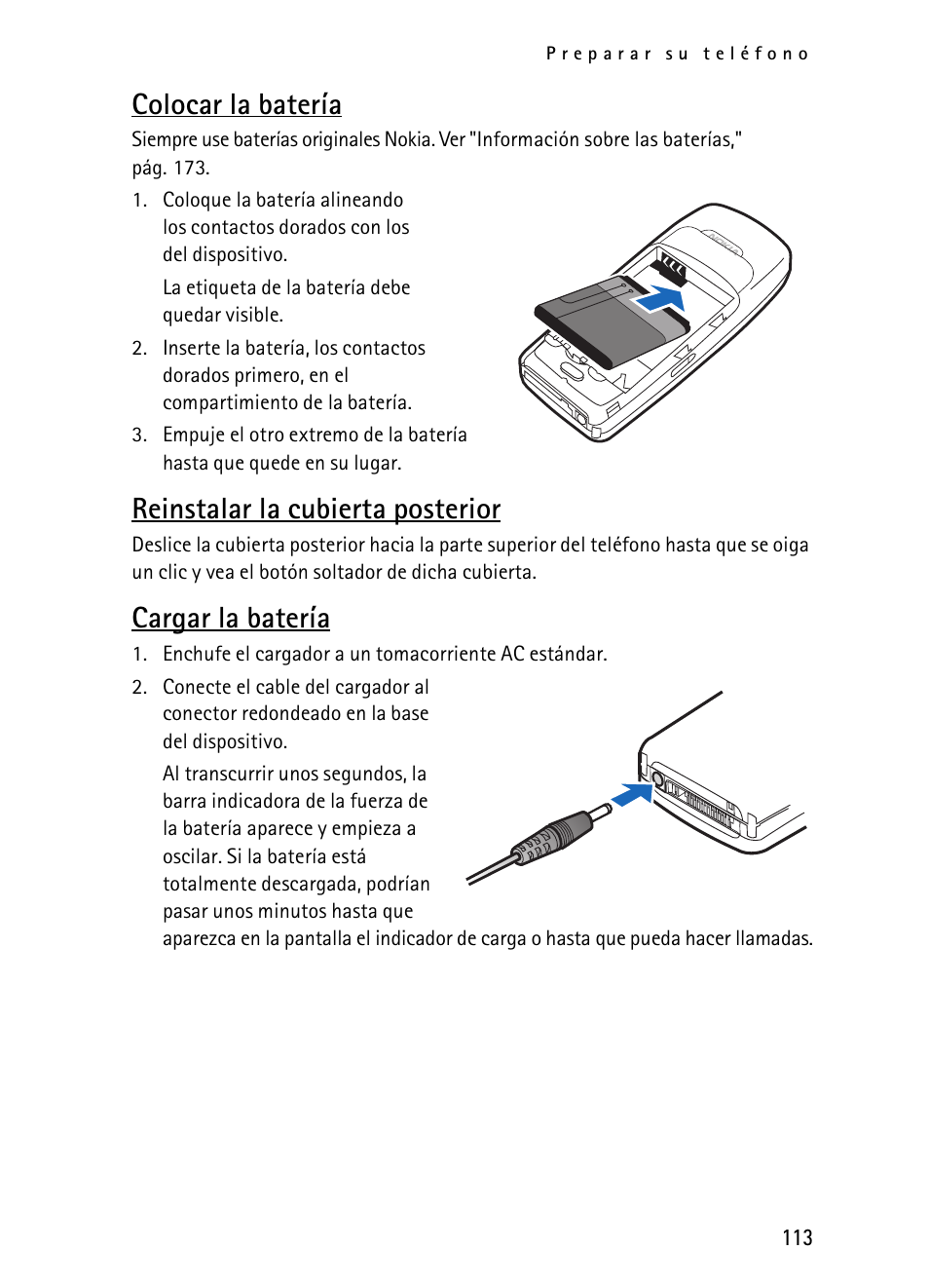 Colocar la batería, Reinstalar la cubierta posterior, Cargar la batería | Nokia 2116i User Manual | Page 114 / 201