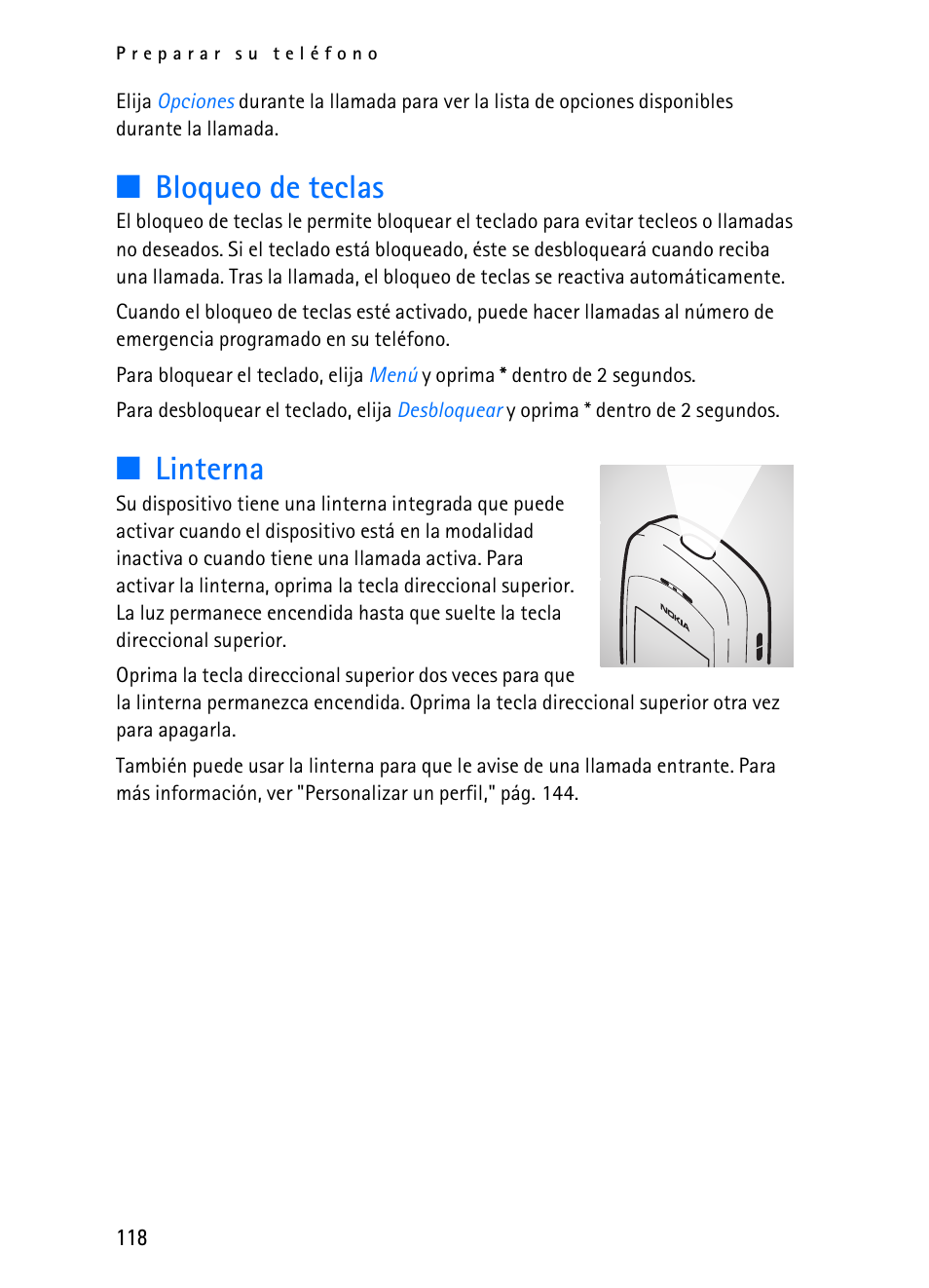 R "bloqueo de teclas," pág. 118, Bloqueo de teclas, Linterna | Nokia 2116i User Manual | Page 119 / 201