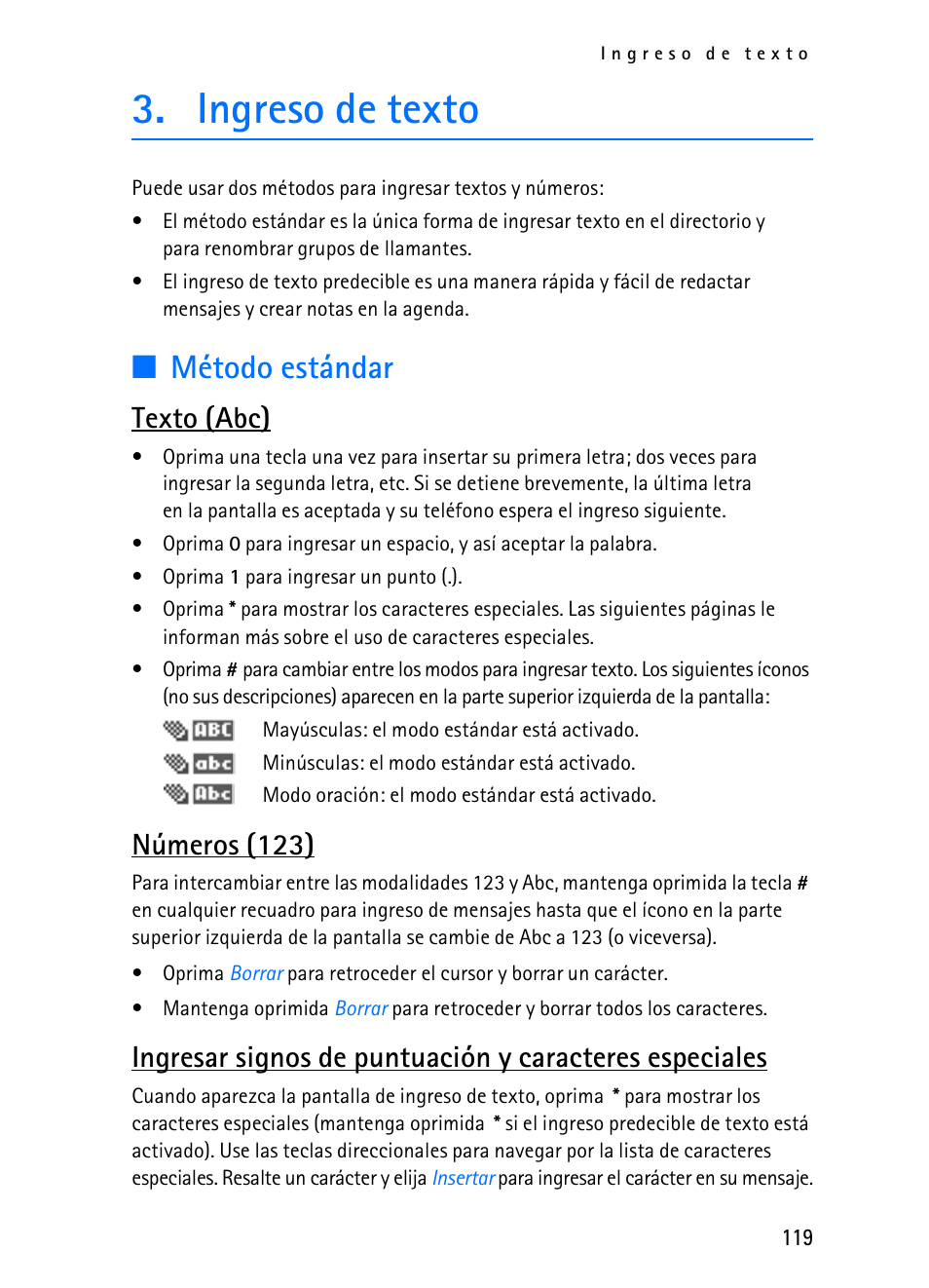 Ingreso de texto, Método estándar, Texto (abc) | Números (123) | Nokia 2116i User Manual | Page 120 / 201