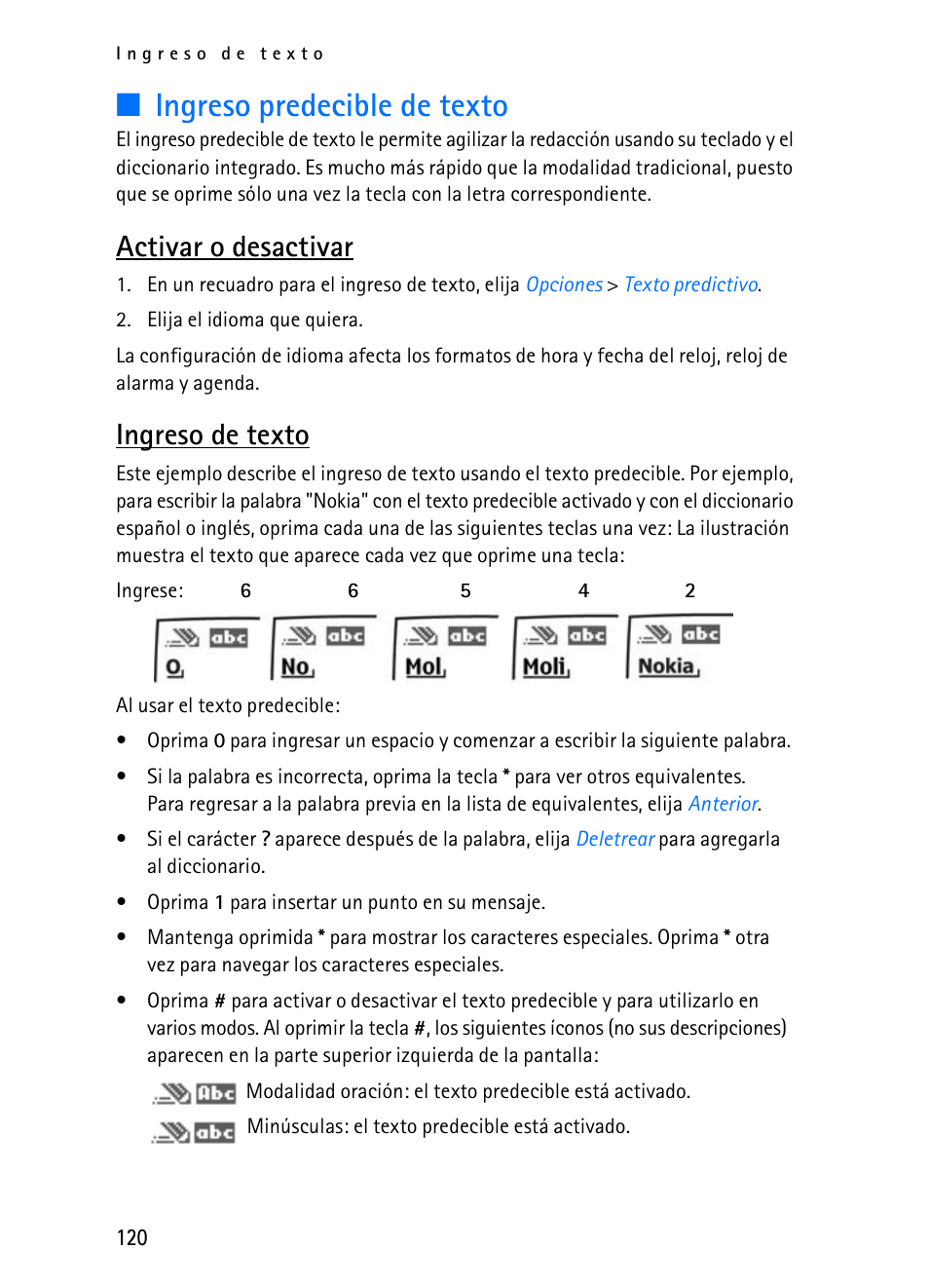 Ingreso predecible de texto, Activar o desactivar, Ingreso de texto | Nokia 2116i User Manual | Page 121 / 201