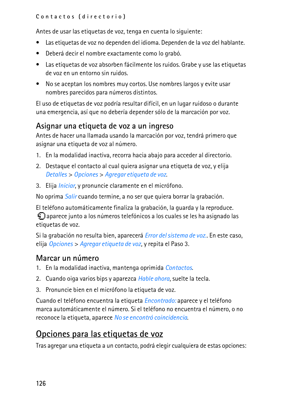 Opciones para las etiquetas de voz, Asignar una etiqueta de voz a un ingreso, Marcar un número | Nokia 2116i User Manual | Page 127 / 201