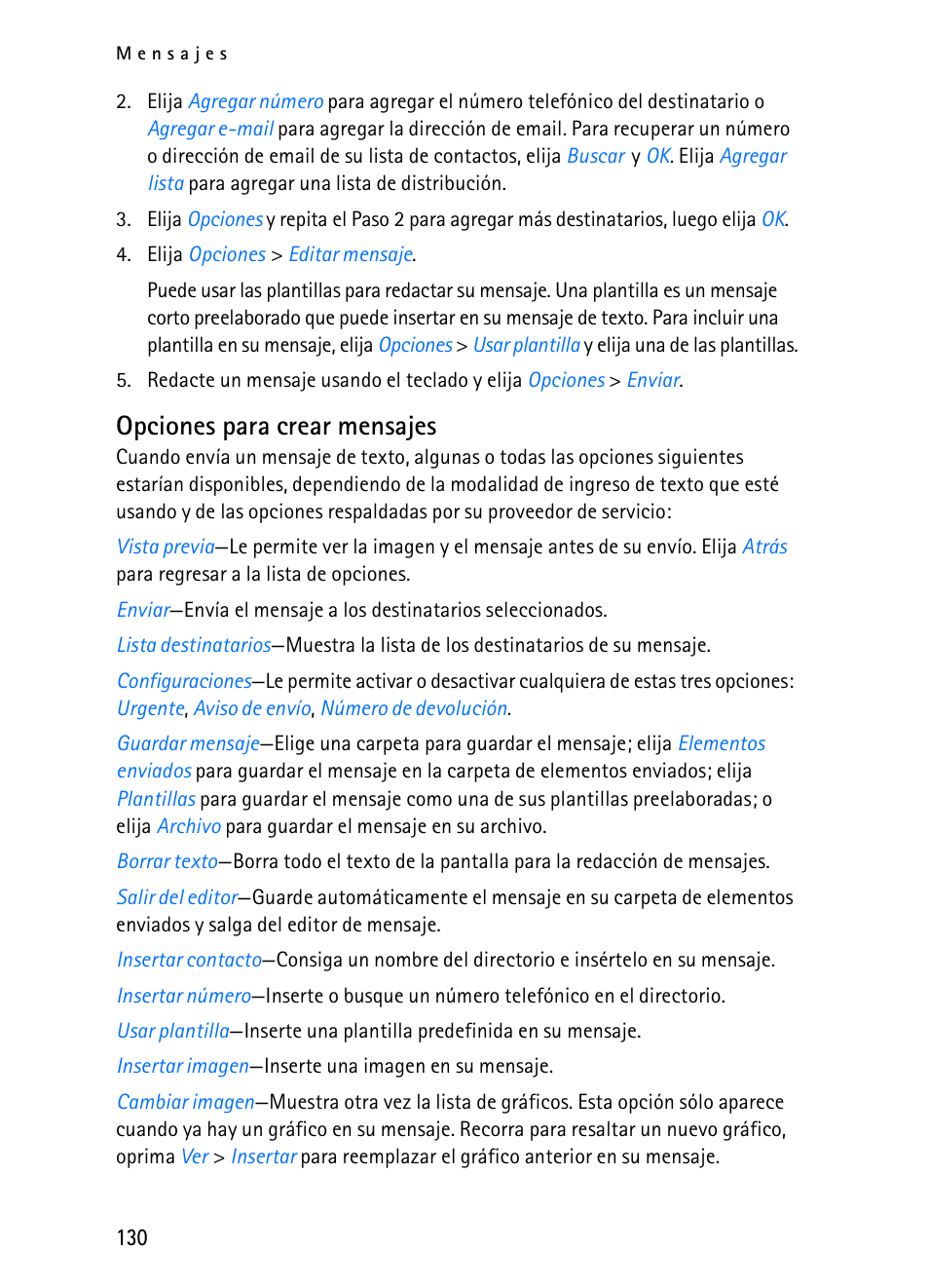 Opciones para crear mensajes | Nokia 2116i User Manual | Page 131 / 201