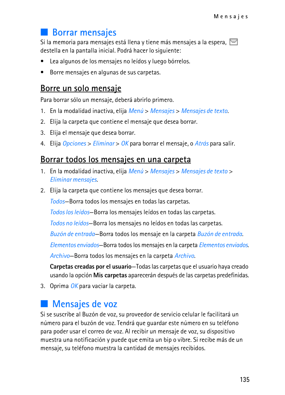 Mensajes de voz," pág. 135, Borrar mensajes, Mensajes de voz | Borre un solo mensaje, Borrar todos los mensajes en una carpeta | Nokia 2116i User Manual | Page 136 / 201