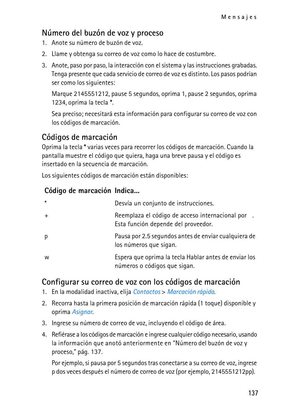 Número del buzón de voz y proceso, Códigos de marcación | Nokia 2116i User Manual | Page 138 / 201