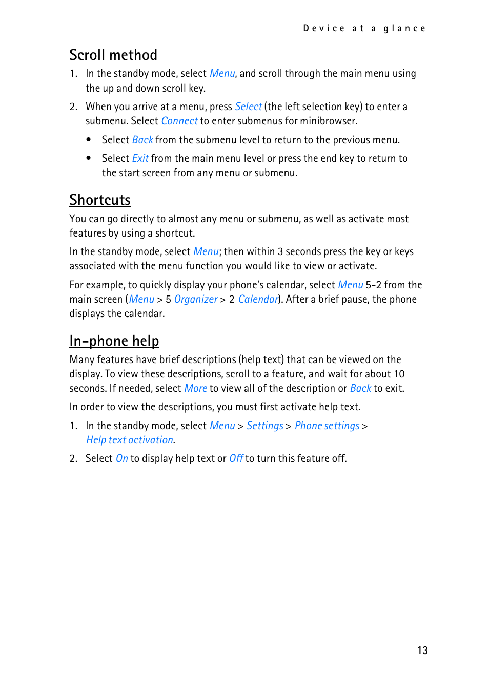 Scroll method, Shortcuts, In-phone help | Nokia 2116i User Manual | Page 14 / 201