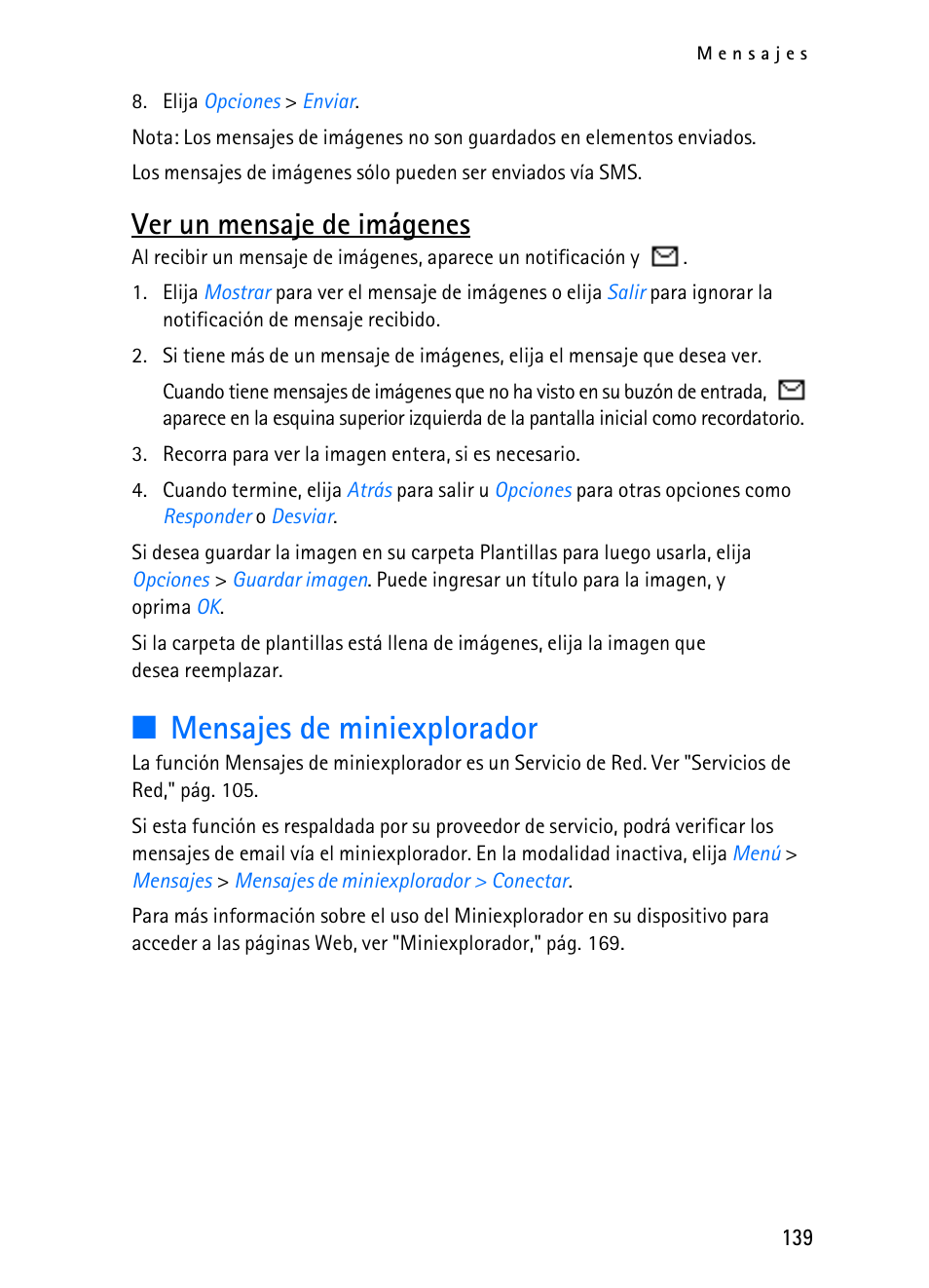 Mensajes de miniexplorador, Ver un mensaje de imágenes | Nokia 2116i User Manual | Page 140 / 201