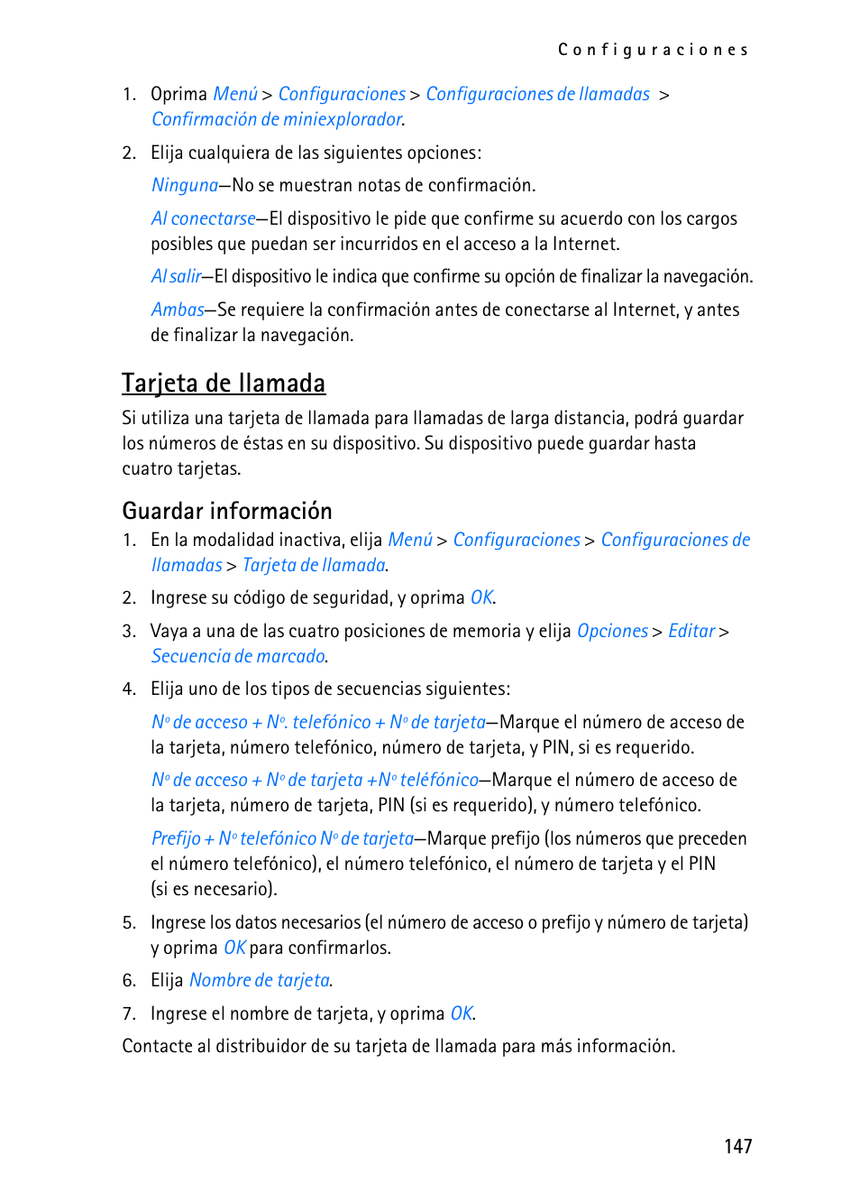 Tarjeta de llamada, Guardar información | Nokia 2116i User Manual | Page 148 / 201