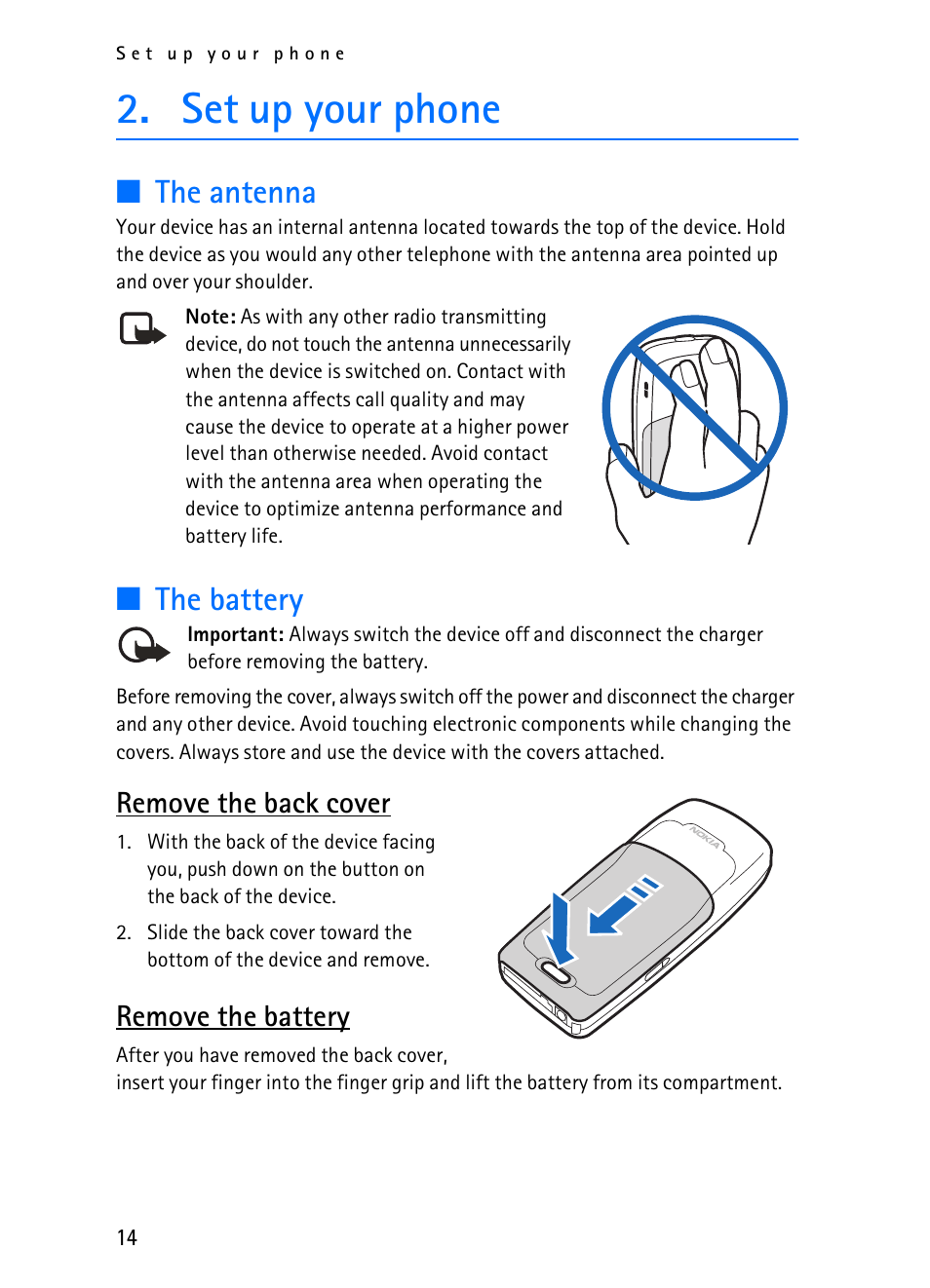 Set up your phone, The antenna, The battery | Remove the back cover, Remove the battery | Nokia 2116i User Manual | Page 15 / 201
