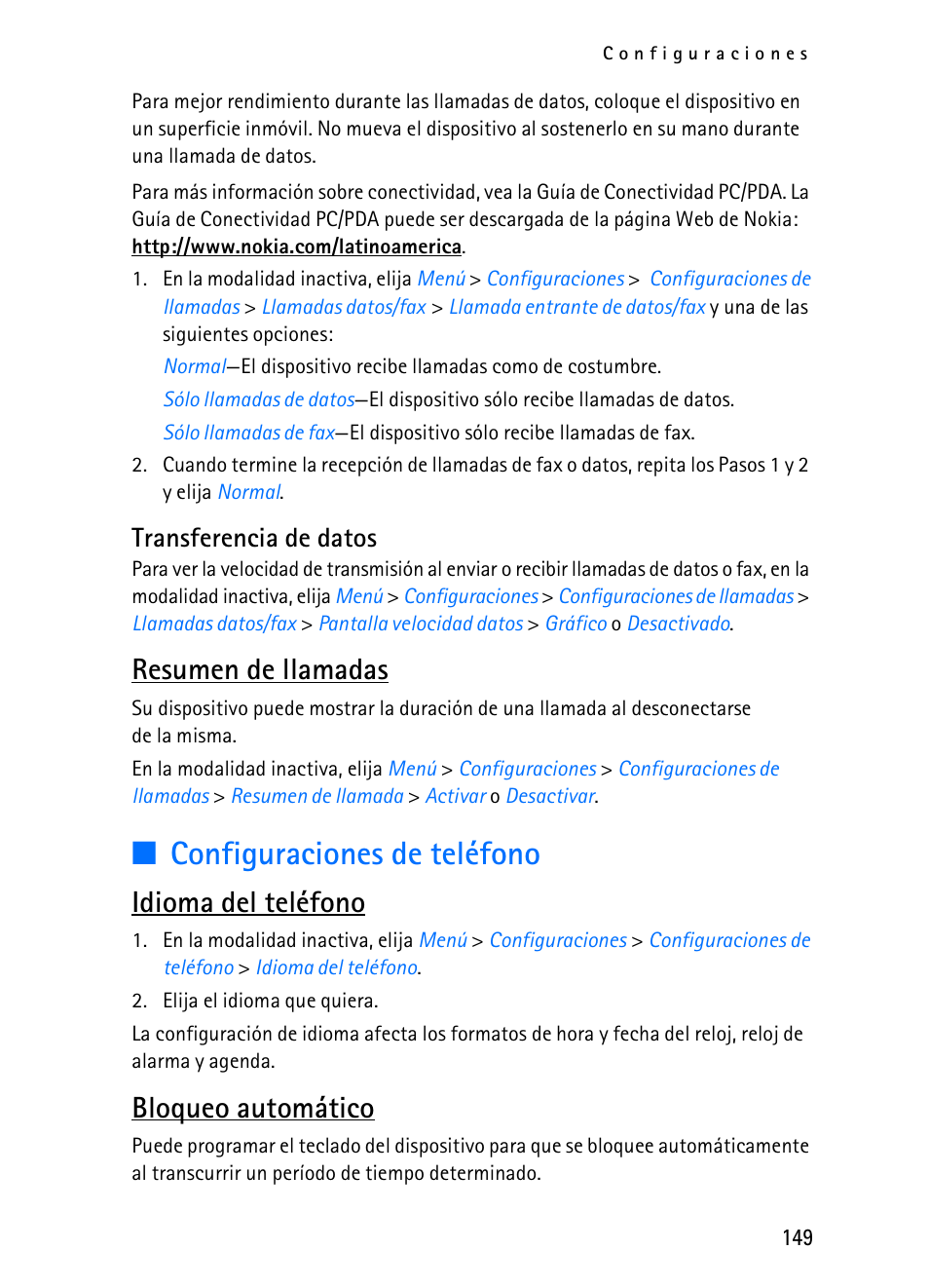 Configuraciones de teléfono, Resumen de llamadas, Idioma del teléfono | Bloqueo automático, Transferencia de datos | Nokia 2116i User Manual | Page 150 / 201